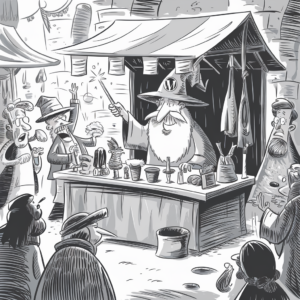 A black-and-white illustration depicts a bustling medieval marketplace. At the center is a bearded man in a wizard's hat, standing behind a stall filled with various mysterious items. He holds a wand and appears to be casting a spell. Several onlookers, dressed in period clothing, watch in amazement. The scene is lively, with detailed line work capturing the expressions and motions of both the wizard and the crowd. The medieval market stalls and cobblestone streets are visible in the background.