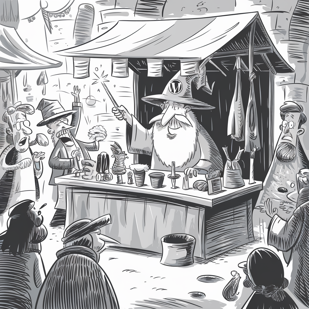 A black-and-white illustration depicts a bustling medieval marketplace. At the center is a bearded man in a wizard's hat, standing behind a stall filled with various mysterious items. He holds a wand and appears to be casting a spell. Several onlookers, dressed in period clothing, watch in amazement. The scene is lively, with detailed line work capturing the expressions and motions of both the wizard and the crowd. The medieval market stalls and cobblestone streets are visible in the background.